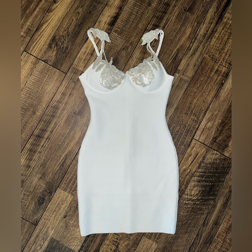 White bandage dress with silver rhinestone detail